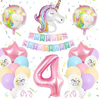 4th Birthday Decorations Girls, Unicorn Birthday Decoration Set Pastel, Large Number 4 Foil Balloon, 3pcs Huge Unicorn Helium Balloons, 4 Year Unicorn Party Supplies for Baby Girls Birthday Party
