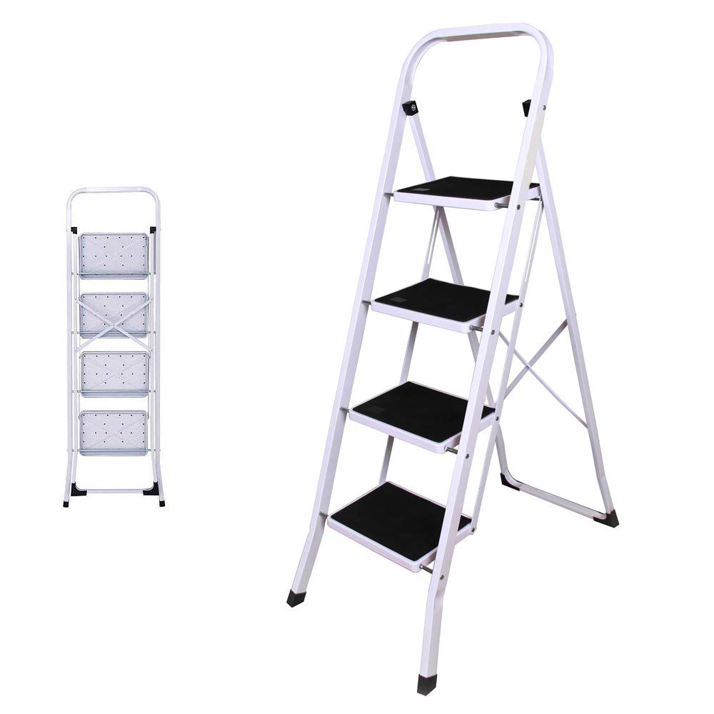 Marchepied Échelle 4 Marches, Multifonctions Escabeau Antidérapante Pliante avec poignée, Capacité de 150 KG, Blanc et Noir