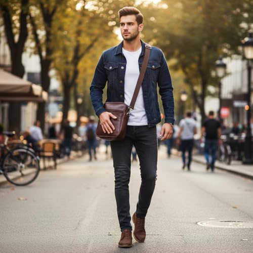 Image of Men's Leather Sling Bag Crossbody Messenger Shoulder Bag | Stylish Office Travel Side Bag with Multiple Compartments, Adjustable Strap & Secure Pockets for Daily Use