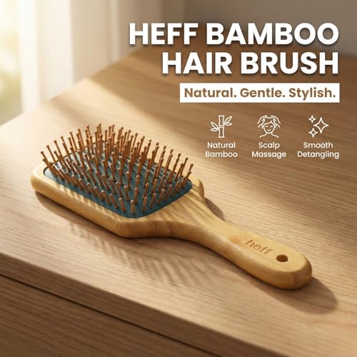 Image of Heff Bamboo Hair Brush, Teal, Wooden Bristles Paddle Brush, 9.5 Inches x 3.3 Inches