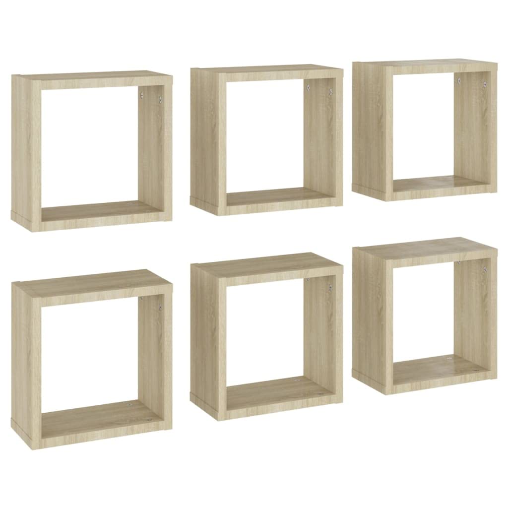 Scaffalature, mensole da parete e sporgenze, mensole cubiche da parete, 6 pezzi, rovere Sonoma, 30 x 15 x 30 cm