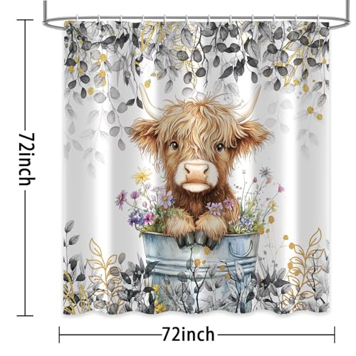 Rideau de douche rustique imperméable gris avec motif vache écossaise 183x183cm