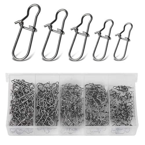 Annyswit 100 Piezas/5 tamaños Snap de Pesca para swivels Set 2# 1# 0# 00# 000# Quick Change Trucha Mosquetón Snaps con Duo Lock Easy Snap para señuelos y Peces Depredadores Köder Swivels