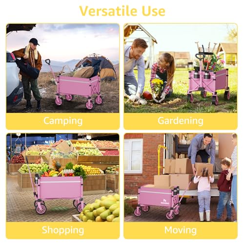 Image of ROSONG Collapsible Wagon Cart with Wheels Foldable - Folding Utility Heavy Duty Wagons Carts for Grocery Sports Garden Shopping Camping Wheelbarrows (Pink, 90L)