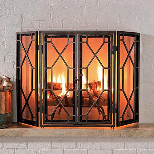 Genérico Mampara de Chimenea de Cobre Rojo con Puertas Dobles con Cerradura, Protectores de Fuego Plegables de 3 Paneles para áreas de chimeneas Tipo pórtico/Quema de leña