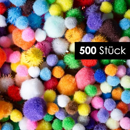 OfficeTree 500 Bunte Pompons zum Basteln Mix - Filzkugeln Bunt verschiedene Größen - Pompoms zum Basteln für Kinder und Erwachsene - Dekorieren Verzieren Nähen DIY