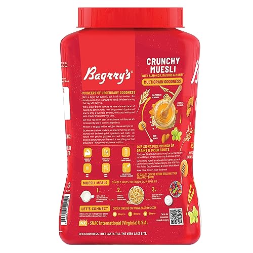 Image of Bagrry's Crunchy Muesli | 40% Fibre Rich Oats with Bran | 82% Multi Grains, Almonds, Raisins & Honey | Breakfast Cereal | Natural Muesli, 1000g Jar, Pack of 2