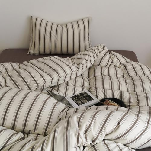 Image of Nayoroom Striped Duvet Cover Queen Size Brown Stripe Duvet Cover Dorm Bedding Set 3 Pieces Soft Lightweight Microfiber Farmhouse Bedding Set Gifts for Women Men