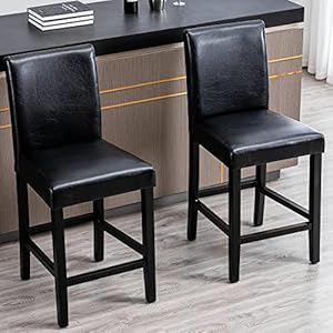 GOTMINSI Set of 2 Classic 24 Inches Counter Height Stools Upholstered Bar Stools with Solid Wood Legs and Black Leather Counter Stool(PU Black) GOTMINSI Set of 2 Classic 24 Inches Counter Height Stools Upholstered Bar Stools with Solid Wood Legs and Black Leather Counter StoolPU Black