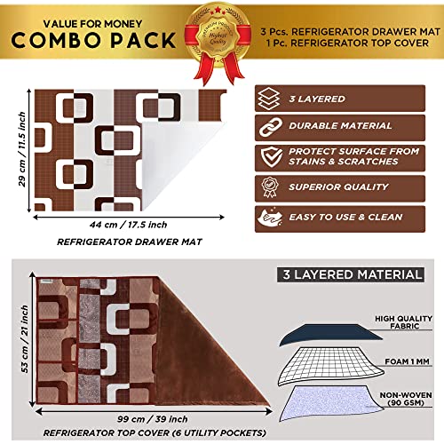 Image of Set of 1 Pc Fridge Top Cover with 6 Utility Pockets and 3 Pc Fridge Mats (Brown, Set of 4)