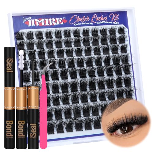 JIMIRE Cluster Lashes Kit Natural Individual Eyelashes Wispy Fluffy Eyelash Extension Kit with Glue Bond and Seal Lightweight Lash Extension Kit Lashes Individual Cluster 8-16MM Lash Clusters