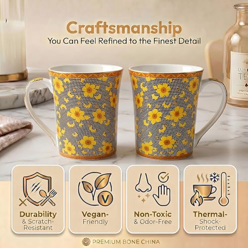 Image of U.P.C.Milk Mug Set of 2 | Ceramic & Bone China Coffee Milk Cups | Designer Printed Tea Coffee Mug Set | Large Capacity Milk Mugs | Microwave Safe Cup Set | Kitchen Drinkware Gift Set (UPC MM-A06)