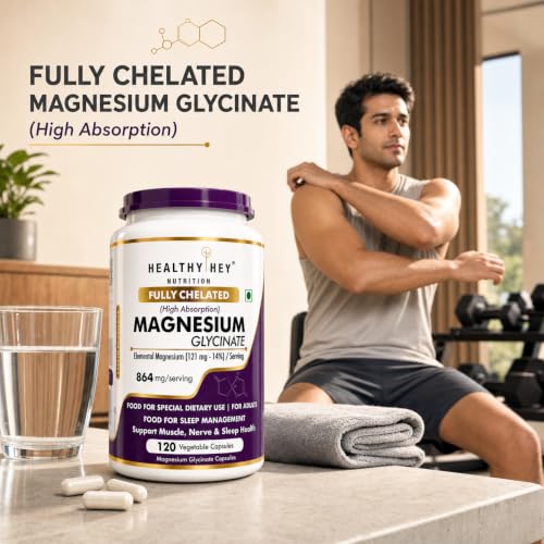 Image of HealthyHey Nutrition Magnesium Glycinate 14% Fully Chelated Supplement High Absorption for Sleep, Cramps, & Nerves Health - 120 Vegetable Capsules