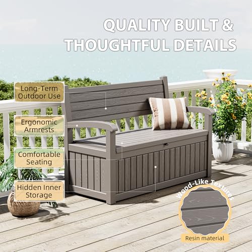 WTFGO 80 Gallon Lockable Deck Bench with Storage, Resin Stripes Outdoor Storage Box, Waterproof Outdoor Porch Bench for Cushions Garden Tools, and Pool Supplies, Grey by WTFGO - Image 2