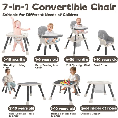 Hochstuhl Baby 7 in 1 Kinderhochstuhl,Babystuhl mit kinderstuhl Esstisch,Fußstütze,Korb,Sicherheitsgurt und Abnehmbares Doppeltablett,Babyhochstuhl ab 6 Monate bis 6 Jahre Babystuhl