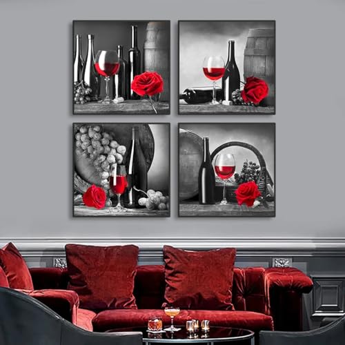 Toile rose et verre de vin rouge 90x90cm pour habiller un grand mur vide sans cadre