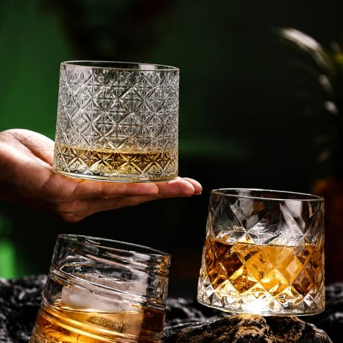 Image of Spinny Whiskey Glasses Set | Rotatable Heavy Base Tumbler Glass Cups, Glasses with Coasters | Perfect for Scotch, Bourbon, Juice, Water, Cocktails (190 ml - 1 Pc Glass Design E with Coaster)