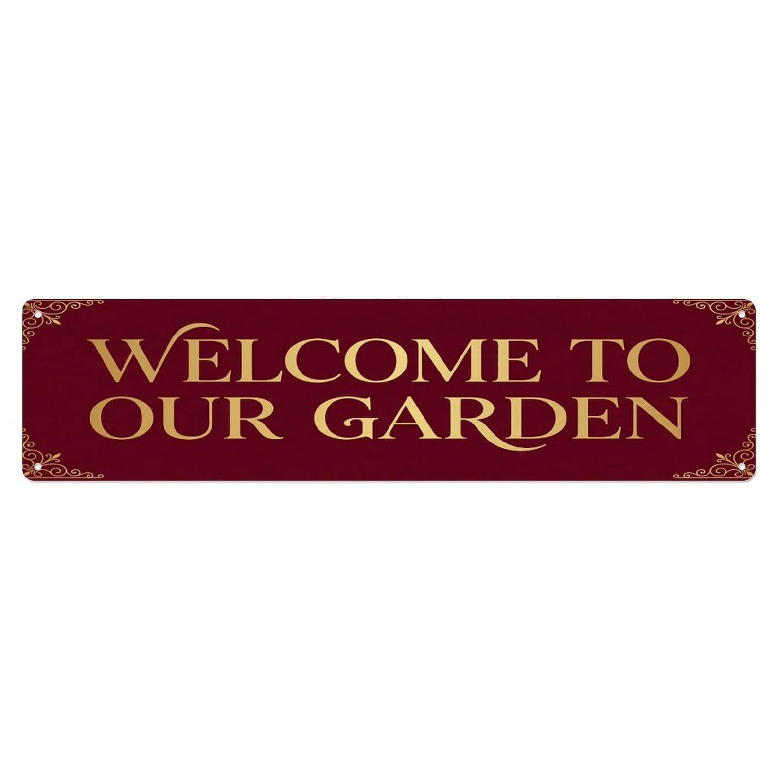 Vintage Welcome to Our Garden Burgundy Metal Tin Sign