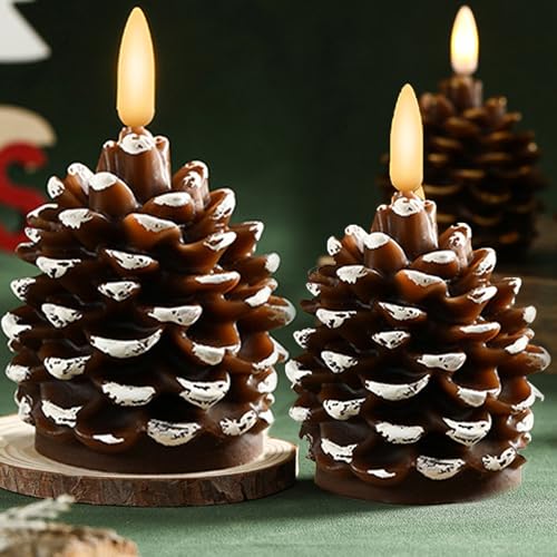 2 Stück Flammenlose Tannenzapfenkerzen, Flackernde Echtwachs...