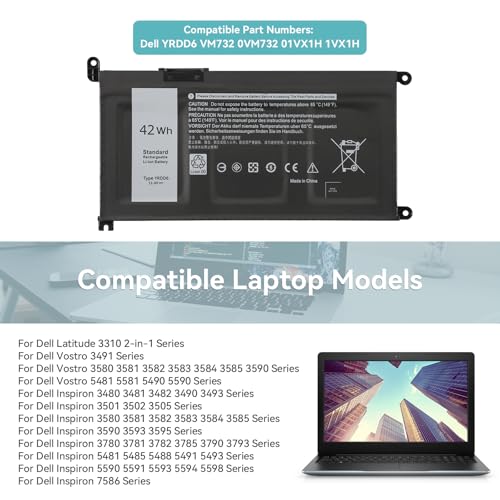 K KYUER 42Wh YRDD6 Laptop Bateria do Dell Inspiron 3480 3481 3482 3490 3493 3590 3593 3595 3580 3581 3582 3583 3584 3585 3780 3781 3782 3785 3790 3793 5481 5485 5488 5491 5493 5590 5591 5593 5594 5598