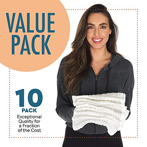 Allsett Health 10 Pack Muslin Burp Cloths Large 20" By 10" 100% Cotton, Hand Wash Cloth 6 Layers Extra Absorbent And Soft White #TOP5