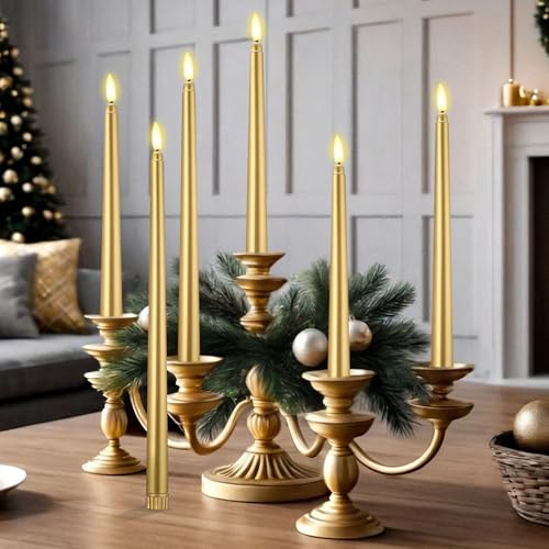 Image of Rossesay 64 Pcs Wedding Flameless LED Taper Candles Battery Operated Candles 4 Sizes of 8.5'', 9.65'', 10.83'', 12.8'' Candlesticks Flickering for Halloween Christmas Church Wedding(Gold)