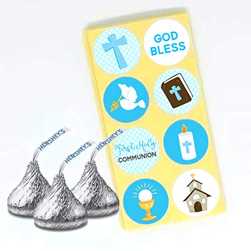 Boy First Holy Communion Labels for Hershey's Kisses Chocolates by Adore By Nat - Blue Candy Sticker - Set of 240