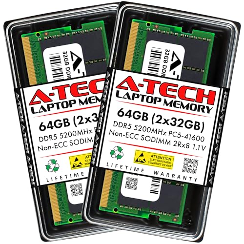 Image of A-Tech 64GB Kit (2x32GB) DDR5 5200MHz PC5-41600 CL42 SODIMM 2Rx8 Dual Rank 1.1V Non-ECC Unbuffered SO-DIMM 262-Pin Laptop Computer RAM Memory Upgrade Modules