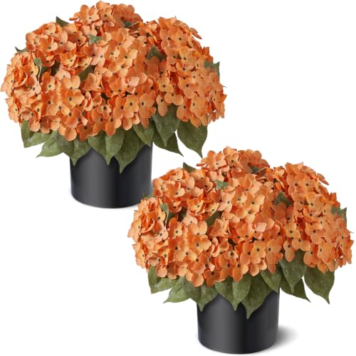 2 Sets 22 Artificial Fall Hydrangea Flower Topiary Trees for Porch(Orange)