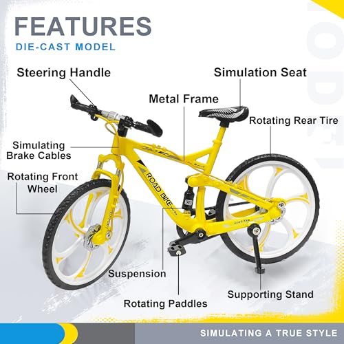 Image of VGRASSP 1:8 Scale Die Cast Street Bicycle Toy for Kids - The Alloy Metal Off-Road Decorative Showpiece Realistic Design Bike Features Moveable and Rotating Handle, Suspension, Wheels, Pedals (Yellow)