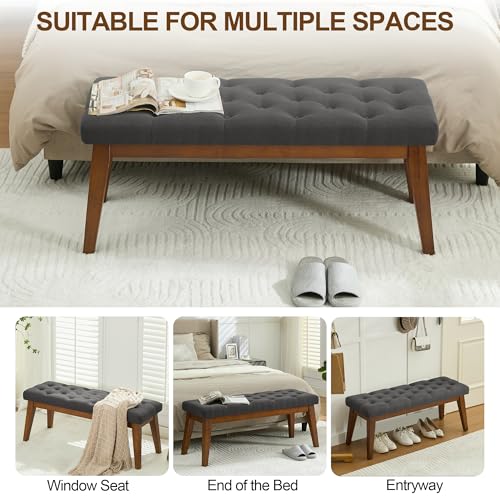 Image of WUTUTUEE 43.5'' Linen Bedroom Bench, Upholstered End of Bed Bench with Tufted Button, Padded Vintage Dining Bench, Entryway Bench with Solid Wood Legs, Kitchen, Living Room, Hallway, Dark Grey Tufted