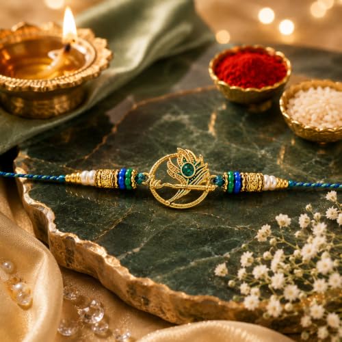 Image of CraftVatika Rakhi for Brother Boy Men, Designer Peacock Feather Rakhi for Rakshabandhan, Premium Raksha Bandhan Rakhies for Bhaiya, Traditional Raki for Bhai, RakshaBandhan Bracelet Set of 1