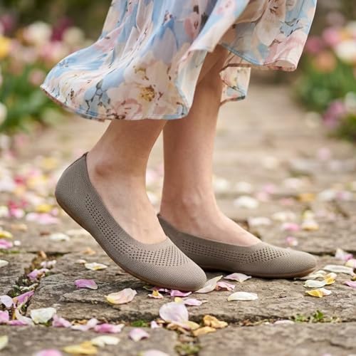 Puxowe Damen Ballerina Runde Zehe Stricken Flache Schuhe Komfort Weich Slip On Ballerina Walking Flats Schuhe für Frauen Niedriger Keil Lässig 36 EU Khaki