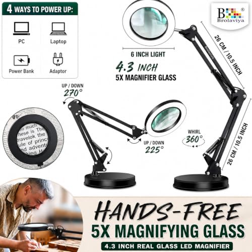 Image of BROLAVIYA Overhead Heavy Base 5X Magnifying Glass with Led Light and Stand, 3 Color Modes Dimmable, Flexible Metal Arm, Magnifier Desk Lamp for Crafts, Makeup, Reading, Photography - Black