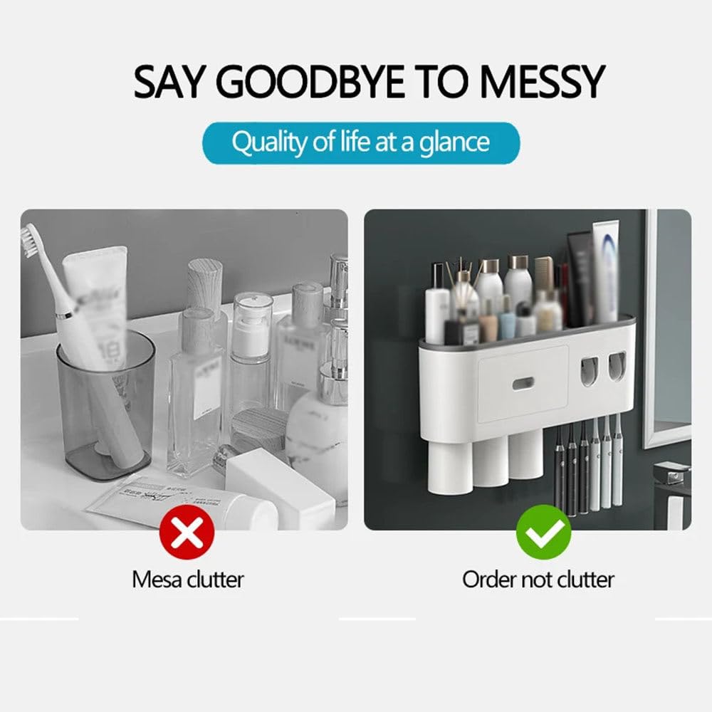Soporte para Cepillo De Dientes De BañO con Dispensador AutomáTico Doble De Pasta De Dientes, Soporte para Cepillo De Dientes Montado En La Pared para 2/3/4/5 Tazas, 6 Ranuras para Cepillos,3cups