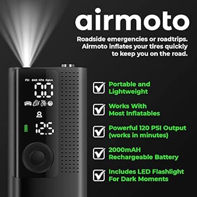 Airmoto Tire Inflator Portable Air Compressor - Air Pump For Car Tires with Digital Pressure Gauge, LED Light and Auto Shut-Off Function - Cordless Pump for Car, Motorcycle, Bicycle, Ball