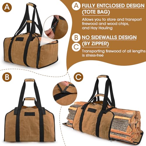 Mydrissu Waxed Canvas Firewood Carrier Tote Carrying Bag, Log Carrier for Firewood Holder Extra Large Fire Wood Carrier Storage Bags, Fireplace Wood Holder Stove Accessories for Camping Basket Rack