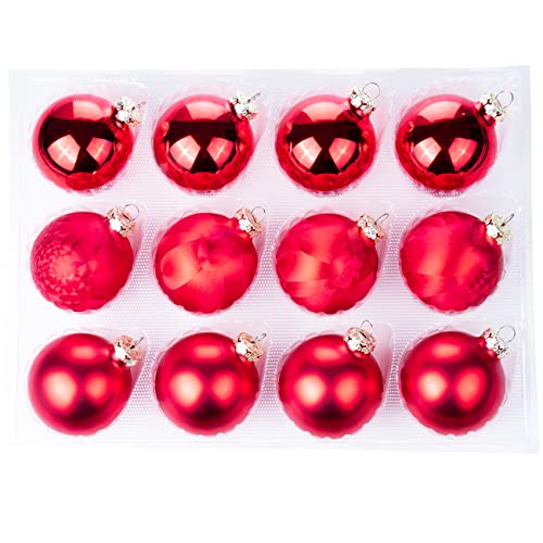 Thüringer Glasdesign Weihnachtskugeln 12 STK 6cm | Christbaumkugeln aus Glas | Made in Germany (Classic Red | rot Eislack) Cover
