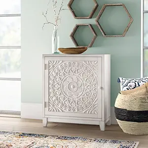 Home & Goods International Carved Floral Wood Storage Cabinet - Accent Wardrobe Organizer for Living Room, Drawing Room, and Lounge (White)