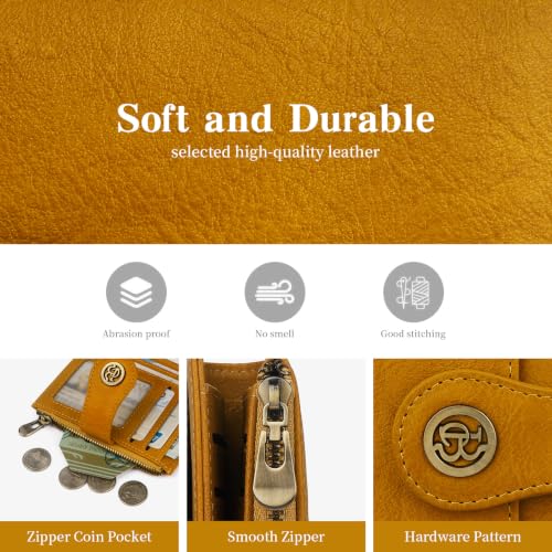Image of Leather Wallet Women,Slim Compact Card Holder Wallet(yellow) | Small Wallet with RFID Blocking,Zipper Coin Pocket,Top Grain Cowhide Bifold Women's Wallet