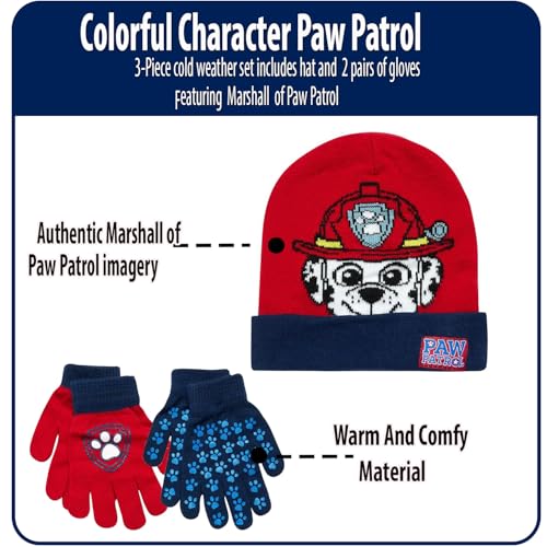 Image of Nicklelodeon Paw Patrol Boy's Winter Hat and 2 Pair of Gloves or Mittens Set (Toddler /Little Boys) Size Age 4-7, Paw Patrol Reversible Glove with Handwarmers