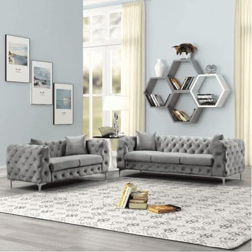 Image of A to Z Furniture Classic 3+2=5 Seater Sofa Set Luxury Chesterfield Velvet Sofa in for Home Living Room & Office (Grey)