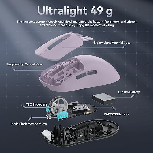 Image of ATTACK SHARK X3 Wireless Gaming Mouse, 49g Ergonomic Computer Mouse, Triple Modes PAW3395 26K DPI Optical Sensor, 200h Battery Life, Programmable Buttons, Gaming Accessories for PC /Laptop /Mac (Purple)