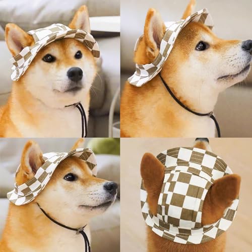 Image of HDKUW Dog Bucket Hats, Dog Round Cap with Ear Hole, Adjustable Outdoor Travel Sun Protection Sport Hat for Cat Small Medium Dogs Coffee Checkered M