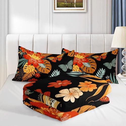 Image of AILONEN Full Tropical Moth Comforter Set, Orange Floral Bedding, Black Botanical Leaf Decor, Lightweight Cozy Microfiber Teens Gamer Cool Loft
