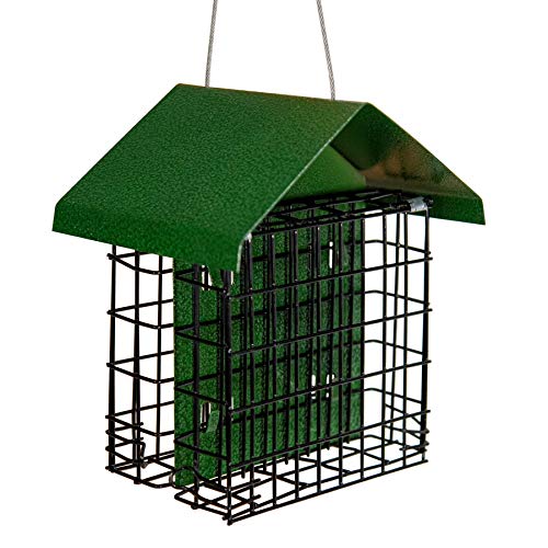 JCs Wildlife Metal House Double Suet Cage with Hammered Style Roof - Holds 2 Standard Size Suet Cakes or Seed Cakes (Green)