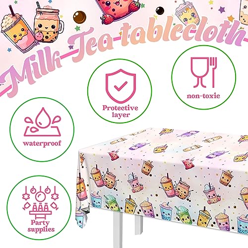 Image of Boba Tea Party Decorations,3pcs Bubble Tea Birthday Tablecloths Waterproof Plastic Boba Table Covers for Boba Party Decorations