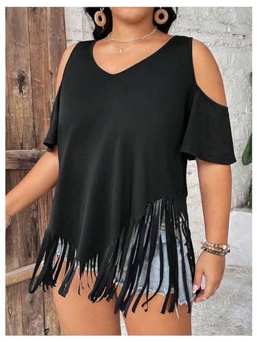 Women's Plus Size Fringe Hem V Neck Tops Short Sleeve Cold Shoulder T Shirts Top4
