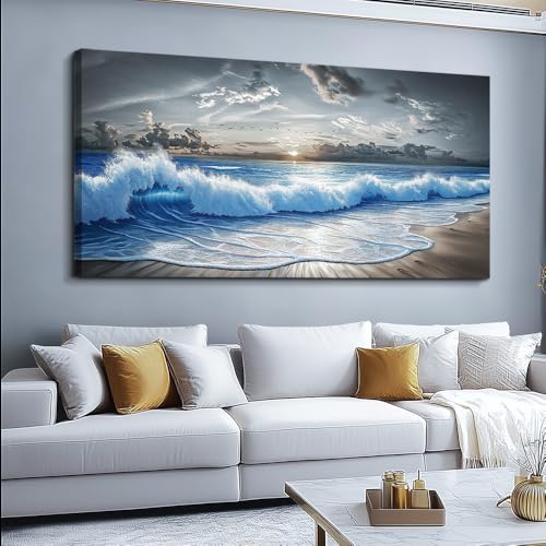 PHAOHUAXM Wall Decor For Living Room Wall Art For Bedroom Office Restaurant Decoration Black White And Blue Ocean Wave Landscape Painting Canvas Pictures Printing Artworks Modern Home Decor 20"X40"