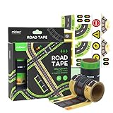 Clorful Imaginative Road Tape for Kids Toy Cars, 2 Rolls of 16.4ft x2.4 inch Adhesive Railway & Highway Tracks with Traffic Signs and Curved Roads.